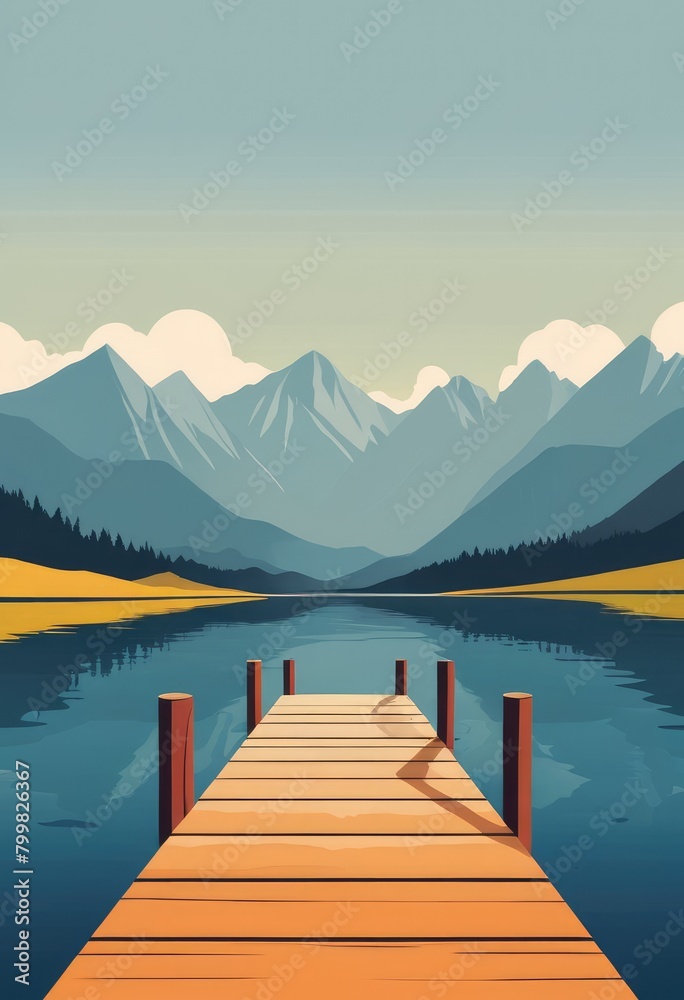 A wooden pier stretches out before a majestic mountain range, creating a picturesque contrast of nature's elements