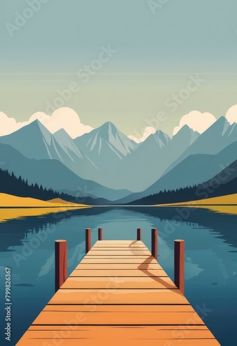 A wooden pier stretches out before a majestic mountain range, creating a picturesque contrast of nature's elements