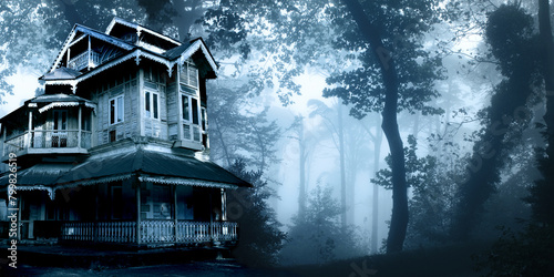 Horizontal Halloween banner with haunted house. Old abandoned house in the night forest. Scary colonial cottage in mysterious forestland. Photo toned in blue color photo