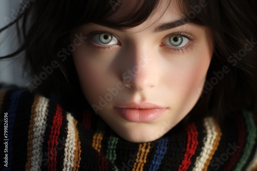 Thoughtful young woman with striking green eyes