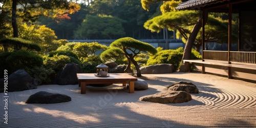Tranquil Japanese garden with raked sand and bonsai trees
