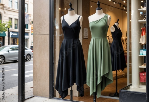 An asymmetrical dress is elegantly displayed in a store window, offering a modern and chic fashion statement
