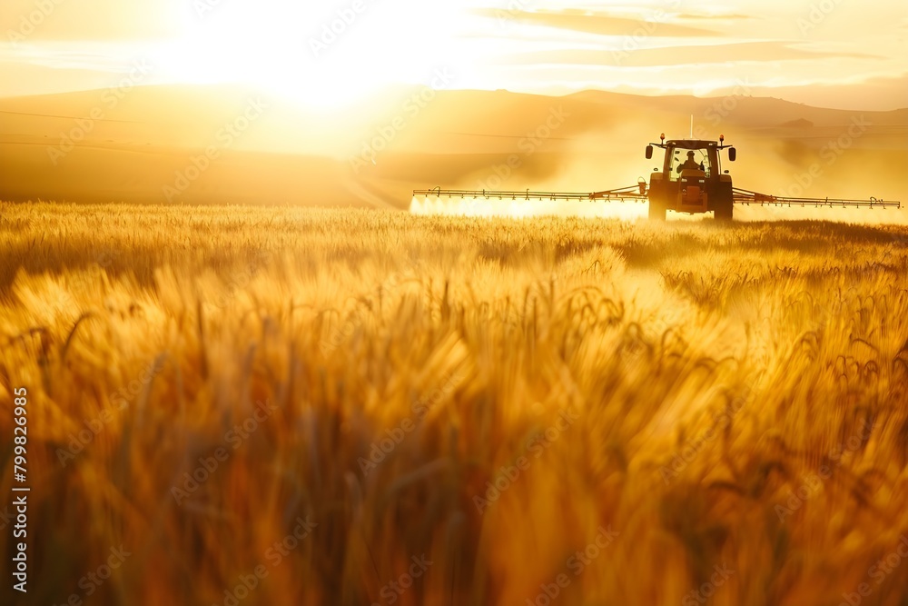 Sunset view of tractor spraying crops in a field. Concept Sunset view, Tractor, Spraying crops, Field, Agriculture Sunset view of tractor spraying crops in a field. Concept Sunset view, Tractor, Spraying crops, Field, Agriculture