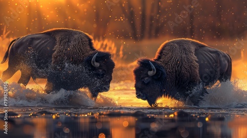 Two buffalo are fighting in a river photo