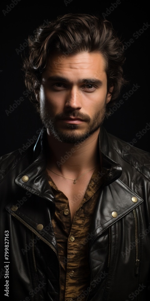 Rugged and Handsome Man in Leather Jacket