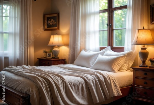 Bathe in the morning light of a cozy bedroom, adorned with white linen and curtains 