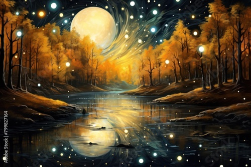 Enchanting Autumn Woodland Landscape with Glowing Moon and Fireflies