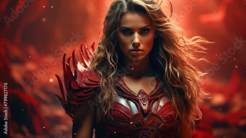 Fierce female warrior in fiery red armor