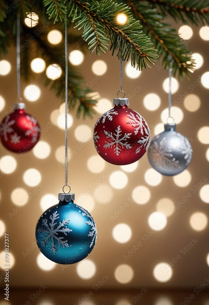 Christmas ornaments dangle in front of a backdrop of blurred white lights, creating a festive and magical atmosphere Christmas ornaments dangle in front of a backdrop of blurred white lights, creating a festive and magical atmosphere