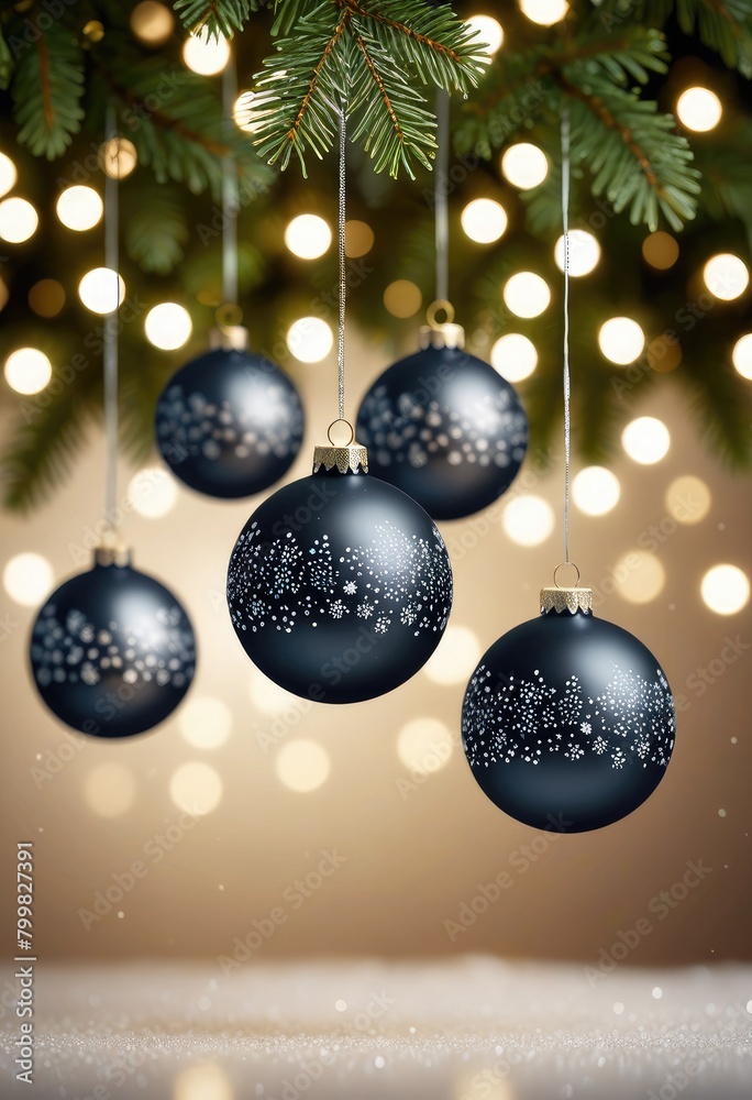 Christmas ornaments dangle in front of a backdrop of blurred white lights, creating a festive and magical atmosphere Christmas ornaments dangle in front of a backdrop of blurred white lights, creating a festive and magical atmosphere