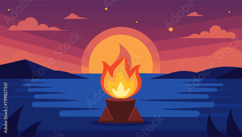 The flames dance and flicker casting a warm glow as the sun sets over the ocean.. Vector illustration