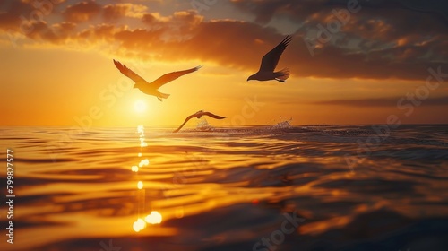Two eagles are flying over the water, one of which is diving into the water