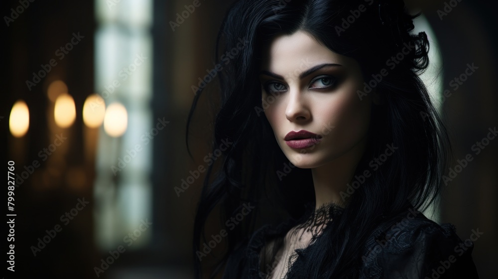 Mysterious woman with dark hair and intense gaze Mysterious woman with dark hair and intense gaze