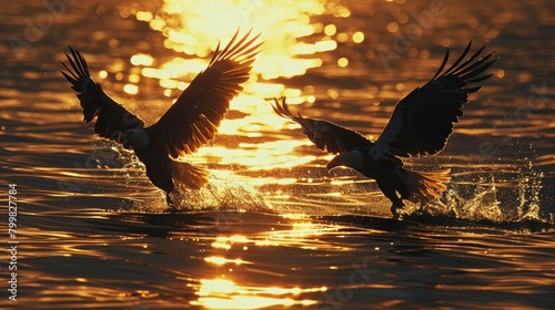 Two eagles are flying over the water, one of which is diving into the water © OZTOCOOL