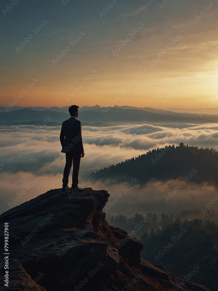 Summit Success, Silhouetted Businessman Embracing Achievement at Mountain Top Sunset