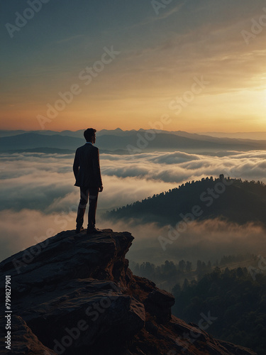 Summit Success, Silhouetted Businessman Embracing Achievement at Mountain Top Sunset © BNMK0819