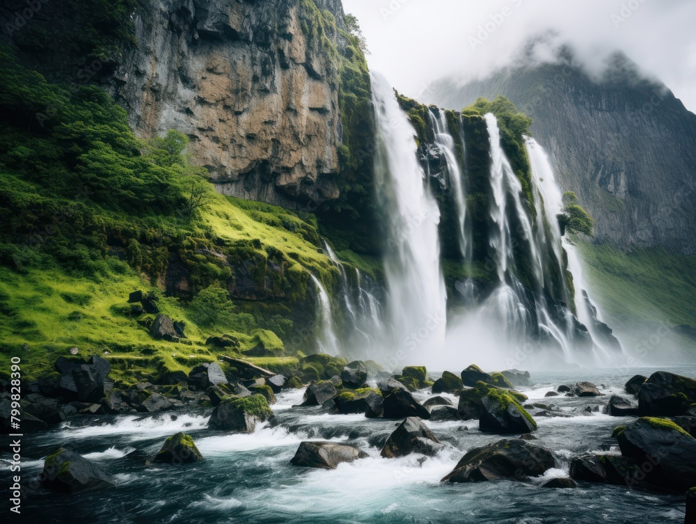 Majestic Waterfall Cascading Through Lush Greenery