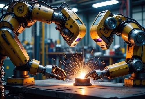 Industrial robots diligently weld car parts together in a factory, showcasing advanced manufacturing technology photo
