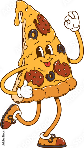 Cartoon retro groovy pizza character. Fast food meal groovy funny character, 60s happy salami pizza personage or vintage cheerful food isolated vector sticker or hippie cute mascot