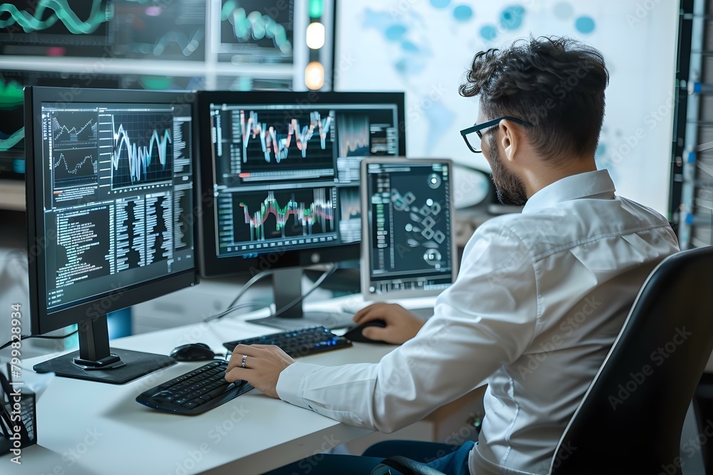 Data scientists use multiple monitors to analyze data and make decisions. Concept Data Analysis, Decision Making, Multiple Monitors, Data Scientists, Visual Data