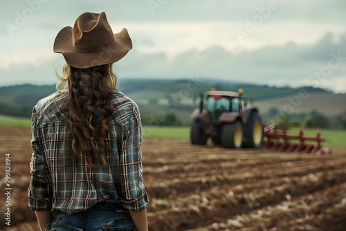 Female farmer working on farm with tractor in background. Concept Farm Life, Rural Landscape, Female Farmer, Tractor, Agriculture