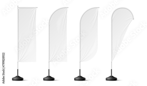 Realistic beach flags, white banner stand isolated 3d vector mockup. Rectangular, feather and tear-drop shaped blank canvas for showcasing branding identity and messages in outdoor seaside setting