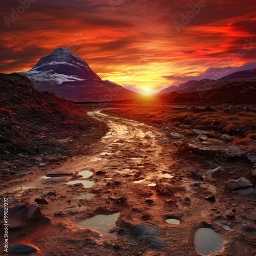 Dramatic Sunset Landscape with Snowy Mountain