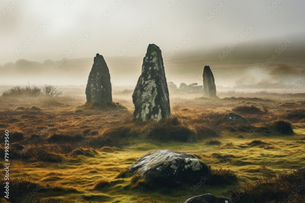 Mysterious Misty Landscape with Towering Rock Formations