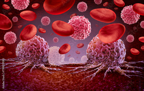 Leukemia and Cancer in the blood outbreak and treatment for malignant cells in a human body caused by carcinogens and genetics with a cancerous cell as an immunotherapy or lymphoma symbol and oncology