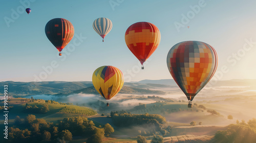 A group of hot air balloons are flying in the sky above a field of yellow flowers. The balloons are of different colors and sizes, creating a vibrant and lively scene. The sky is clear and blue