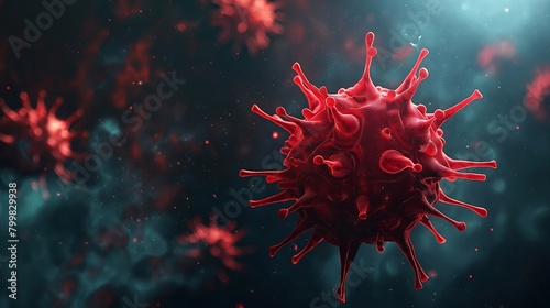 3d render of red corona virus with blurred background, closeup shot. photo