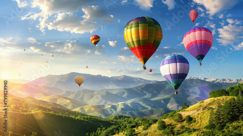 A group of hot air balloons are flying in the sky above a field of yellow flowers. The balloons are of different colors and sizes, creating a vibrant and lively scene. The sky is clear and blue