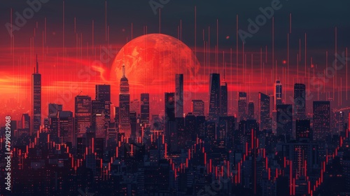 A red moon hangs over a dark city. photo