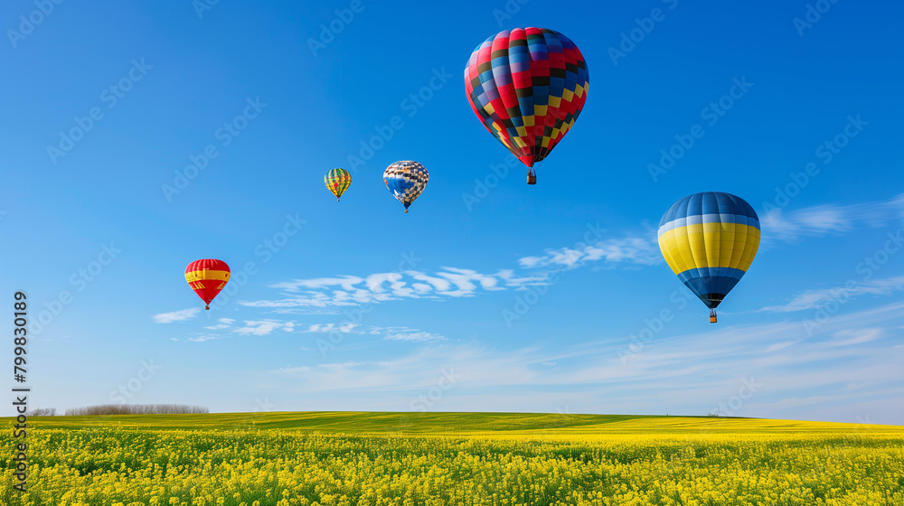 Fototapeta premium A group of hot air balloons are flying in the sky above a field of yellow flowers. The balloons are of different colors and sizes, creating a vibrant and lively scene. The sky is clear and blue