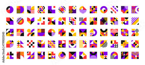 Abstract square geometric pattern. Vector vibrant ornaments with bold colors, squares, circles, triangle figures and clean lines. Striking mosaic blocks and modern visual creative composition elements