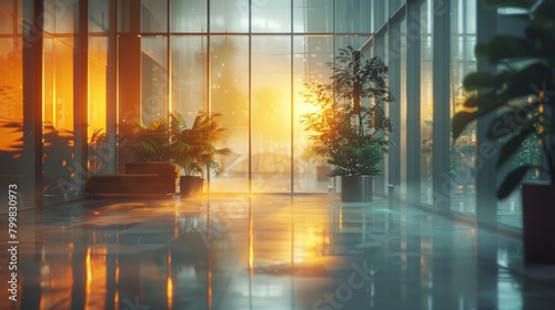 An empty modern office space with large windows and a beautiful sunset.