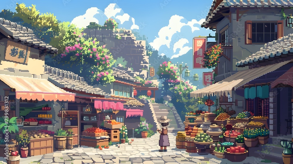 Obraz premium Pixel Art Scene with Tiny Animated Characters Interacting in a Digital World