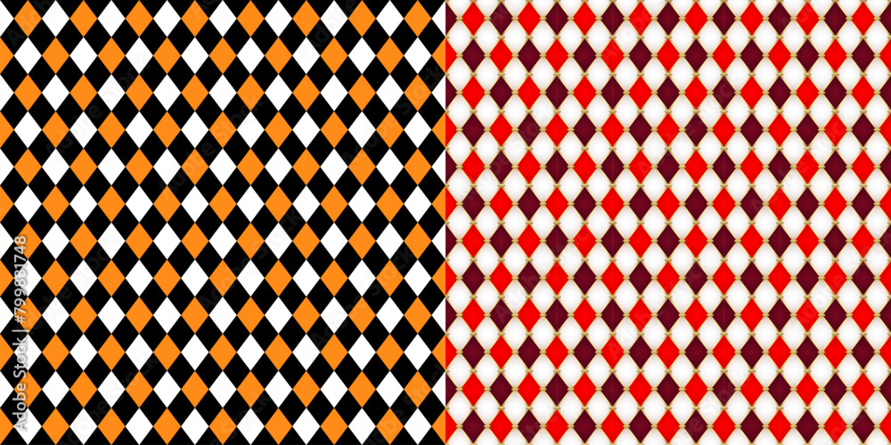 Harlequin patterns, rhombus lozenge pattern. Vector seamless ornaments in circus style with diamond-shaped motifs in contrasting colors. Repetitive tile design, print, carnival costume texture