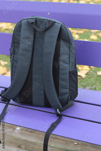 Sitting on a lilac bench in a park with her backpack. Autumn.  A hike. 