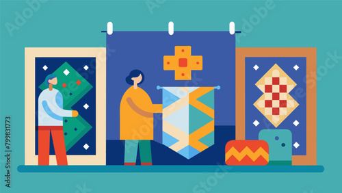 As the workshop comes to an end the completed quilts are hung as a powerful reminder of the power and importance of preserving our stories.. Vector illustration