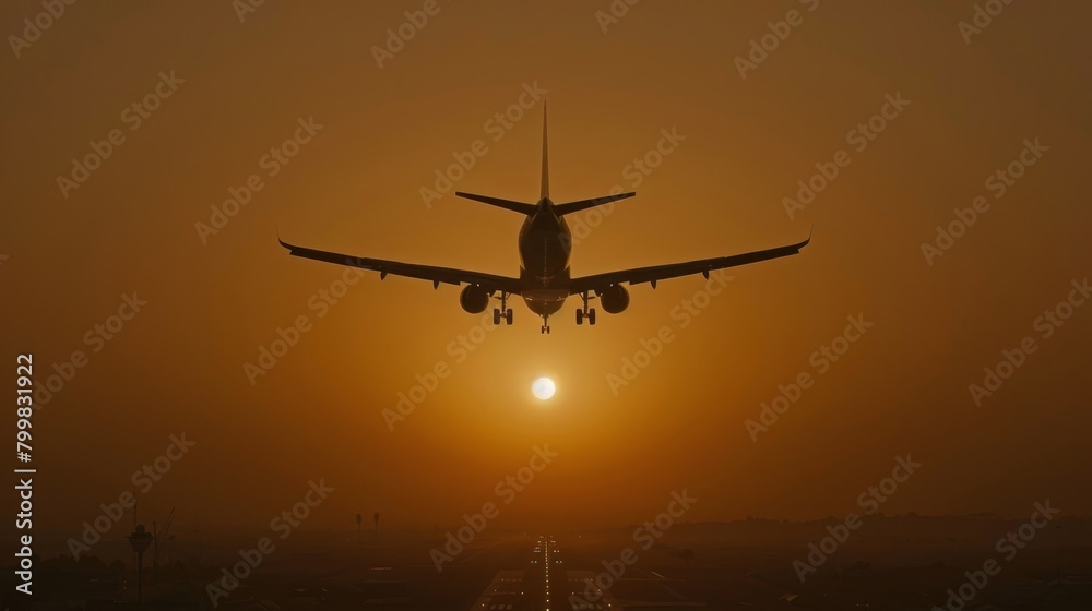 Passenger airplane flying high in the dusk sky at sunset with scenic view of sun setting behind it