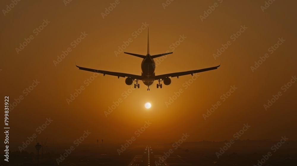 Passenger airplane flying high in the dusk sky at sunset with scenic view of sun setting behind it Passenger airplane flying high in the dusk sky at sunset with scenic view of sun setting behind it