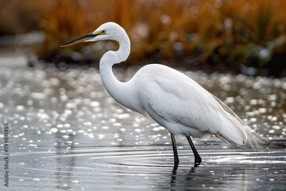 Naklejka premium White egret standing in water with a soft focus on reeds in the background