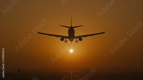 Passenger airplane flying high in the dusk sky at sunset with scenic view of sun setting behind it
