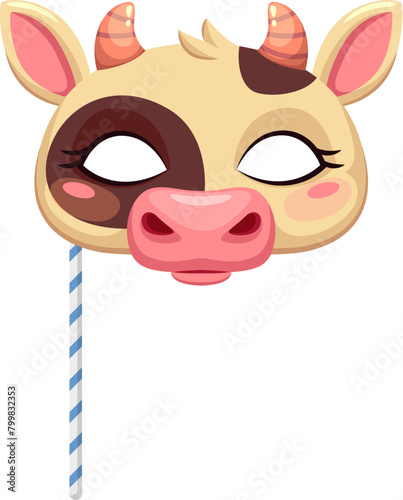 Cow animal carnival party mask. Festival or birthday costume. Decorative playful face of farm calf with ears, nose, horns and eye holes. Isolated vector kine head on stick for festive celebrations