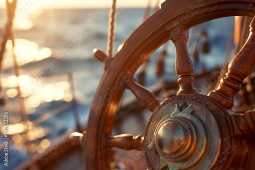 Steering wheel of a boat with a sun setting in the background photo