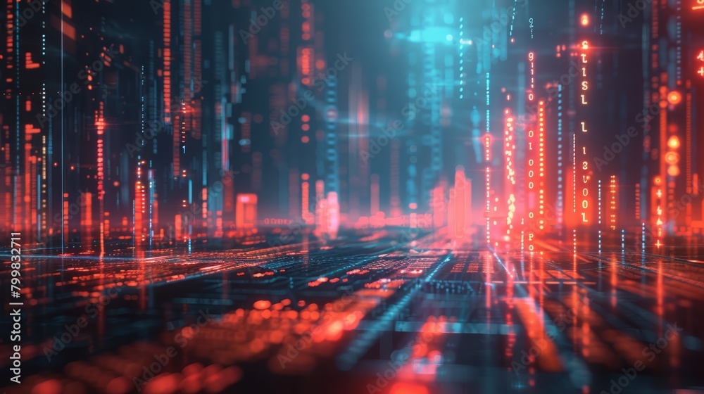 Binary code flowing through a circuit board.