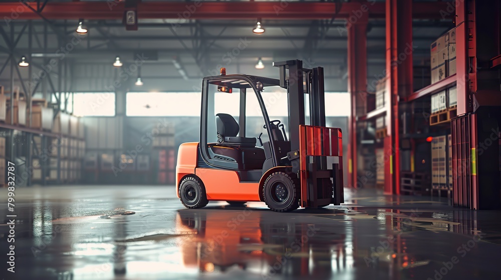 Modern forklift at big industrial warehouse. copy space for text.