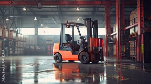 Modern forklift at big industrial warehouse. copy space for text. © Naknakhone