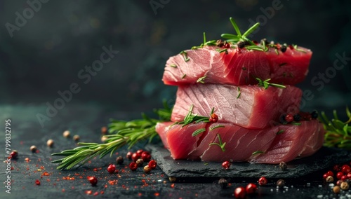 Sliced raw tuna fillet on a dark background with rosemary and pepper